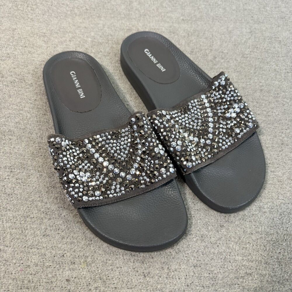 Gianni Bini Leather Crystal Sandals Gray Rhinestone Embellished Slides Women 10